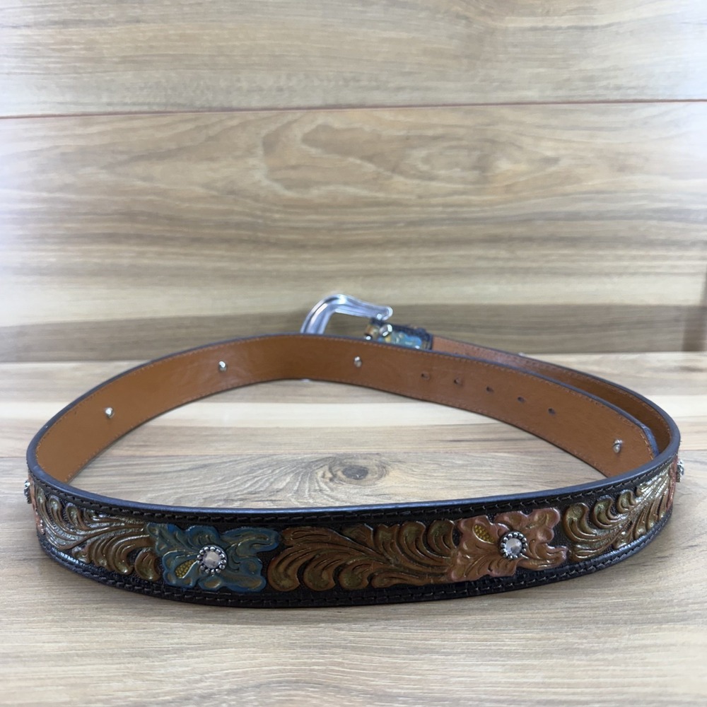 Western Tooled Leather Womens Belt XL Floral Embossed Rhinestones Cowgirl Boho - Picture 4 of 7